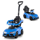 Blue 3-in-1 toddler push car in parent-push and compact ride-on configurations