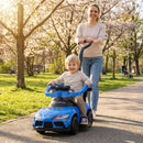 Blue toddler toy push car shown with an adult using the parent handle