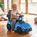 Blue toddler ride-on toy car shown in seated foot-to-floor play
