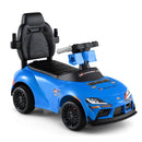 Blue toddler ride-on toy car in compact configuration