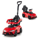 Red 3-in-1 toddler push car in parent-push and compact ride-on configurations