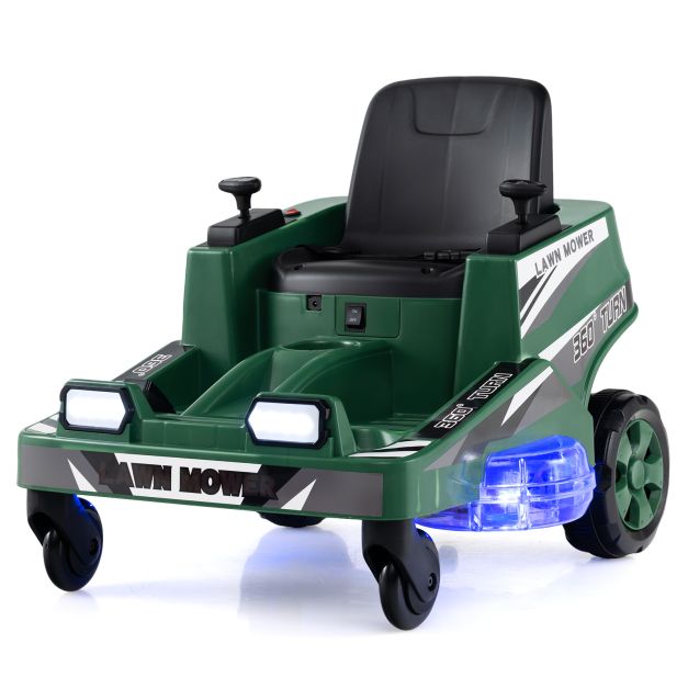 Green ride-on lawn-mower toy with two control sticks and illuminated deck