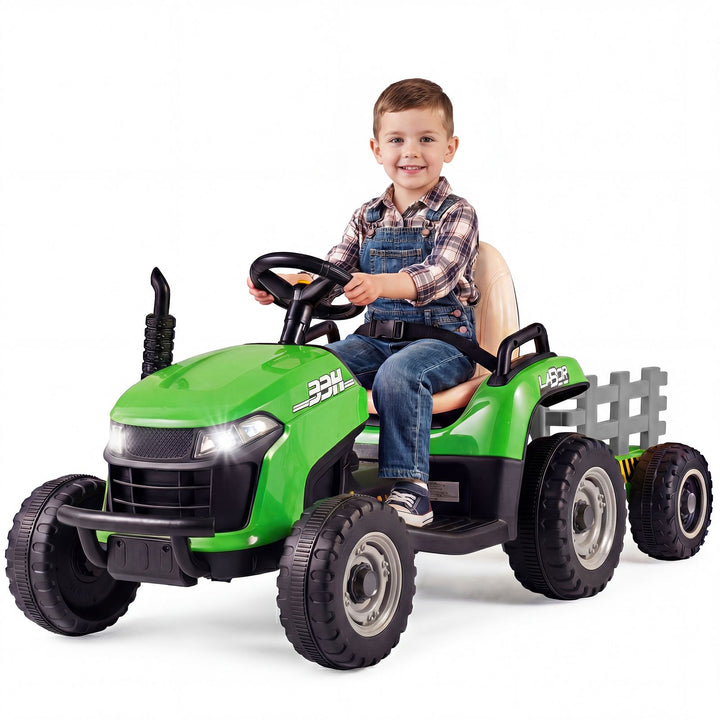 Green 24V tractor with grey wheel centres and grey tipping-trailer rails