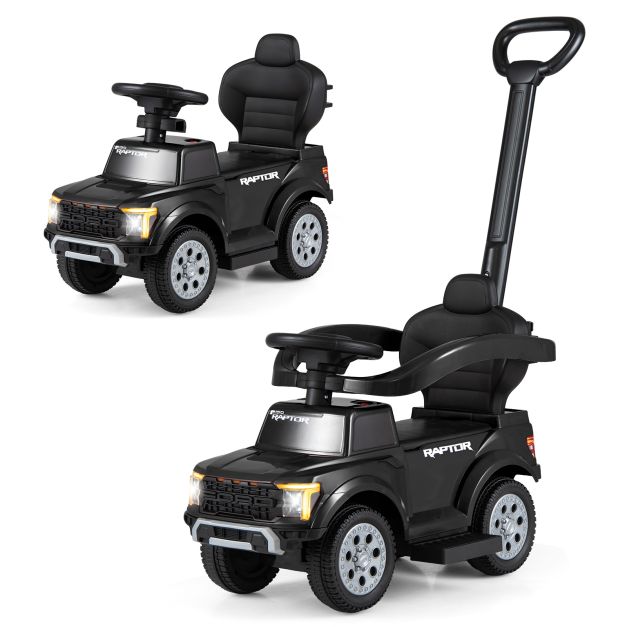 Black toy push car shown in two configurations; one car included