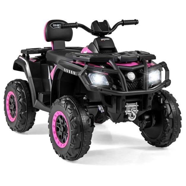 Pink quad bike front three-quarter view