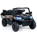Black 12V kids cargo UTV with camouflage-patterned panels and opening doors