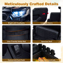 Black cargo UTV lights, lockable doors, seat belt, pedal and cargo-bed details