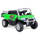 Green 12V kids cargo UTV with silver-coloured trim and opening doors