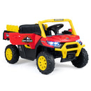 Red 12V kids cargo UTV with yellow trim and opening doors