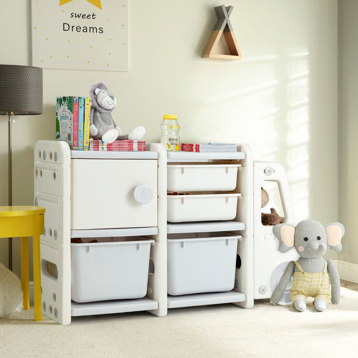 Truck-Shaped Kids Storage Cabinet with Four Removable Bins – Grey product view 1
