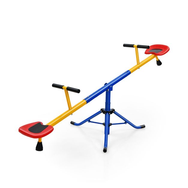 Blue and yellow rotating seesaw with red seats and stopper legs