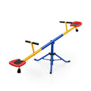 Blue and yellow rotating seesaw with red seats and stopper legs