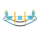Blue three-seat rocking seesaw with yellow frame and blue seats