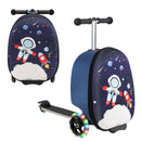 Blue & White Astronaut folding scooter suitcase: folded and unfolded views of one unit