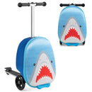Blue Shark folding scooter suitcase: folded and unfolded views of one unit