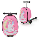 Pink Unicorn folding scooter suitcase: folded and unfolded views of one unit