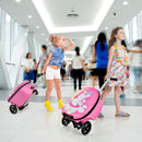 Pink Unicorn folding scooter suitcase: folded suitcase view; extra props not included