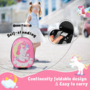 Pink Unicorn folding scooter suitcase: folded suitcase view; extra props not included