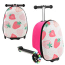 Pink & White Strawberry folding scooter suitcase: folded and unfolded views of one unit