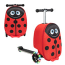Red Ladybird folding scooter suitcase: folded and unfolded views of one unit