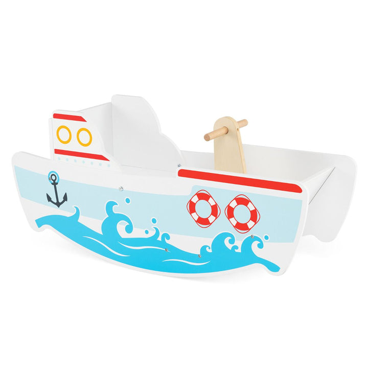 Nautical wooden rocking boat with white and blue ship panels
