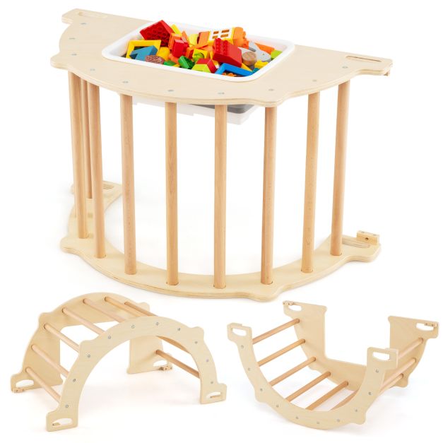 80 cm Natural arch shown in table, climbing and rocking configurations; one arch supplied, toys excluded