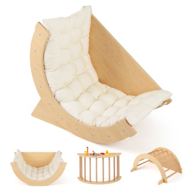 Natural wooden climbing arch and high-back rocker with Beige cushion; views show alternate configurations of one product