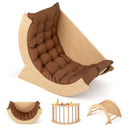 Natural wooden climbing arch and high-back rocker with Coffee cushion; views show alternate configurations of one product