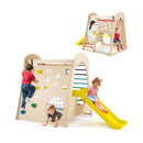 Colourful gym with crawl-through wall and slide, shown from two sides; one set supplied