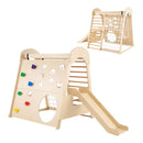 Natural gym with crawl-through wall and slide, shown from two sides; one set supplied