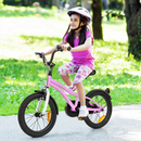 Purple 16-inch kids bike with helmet-wearing rider