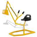Yellow sit-on sand digger with the bucket raised, black seat and fixed metal floor base
