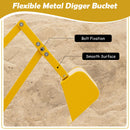 Close-up of the yellow sand digger bucket, linked metal arm and bolted joints