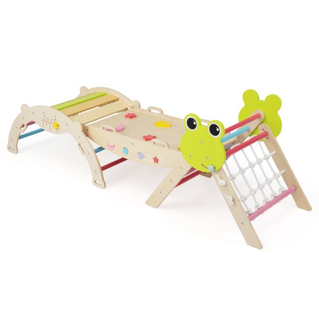 Colourful frog-themed wooden triangle, arch and ramp set