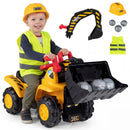 Yellow and black 3-in-1 construction ride-on with pretend-play hat, vest and toy stones