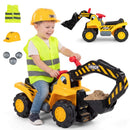 Yellow and black ride-on excavator with digging arm and role-play accessories