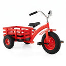 Red adjustable kids tricycle with rear storage basket – three-quarter product view on white