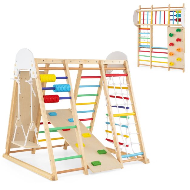 Colourful folding wooden gym shown open and folded; one set supplied