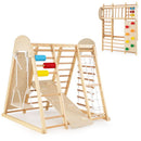 Natural folding wooden gym shown open and folded; one set supplied