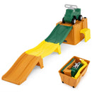 Coaster track assembled beside a view of its pieces packed in the orange box