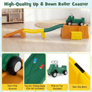 Track grooves, included ride-on car, wheel recesses and step pads; small toy cars excluded