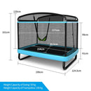 Blue lower-height configuration dimensions: 190 x 124.5 x 161 cm, 41 cm mat height, 100 kg trampoline and 50 kg swing limits