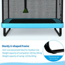 Blue lower-height trampoline U-shaped frame detail, 100 kg trampoline and 50 kg swing limits
