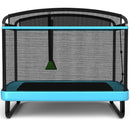 Blue lower-height rectangular trampoline and green swing, front view