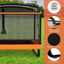 Orange lower-height trampoline springs, padded frame, jumping mat and U-shaped leg details