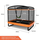 Orange lower-height configuration dimensions: 190 x 124.5 x 161 cm, 41 cm mat height, 100 kg trampoline and 50 kg swing limits