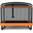 Orange lower-height rectangular trampoline and green swing, front view