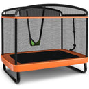 Orange lower-height rectangular trampoline with green detachable swing, 161 cm overall height and 41 cm mat height