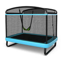 Blue lower-height rectangular trampoline with green detachable swing, 161 cm overall height and 41 cm mat height