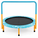 Orange-frame folding trampoline with blue patterned edge cover and padded handle